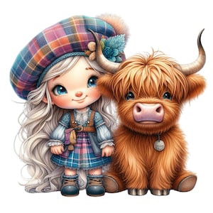 10 Clipart Fille écossaise et vache Highland PNG | Art animalier tartan mignon | Illustration de bovins des Highlands | Scène de ferme kawaii