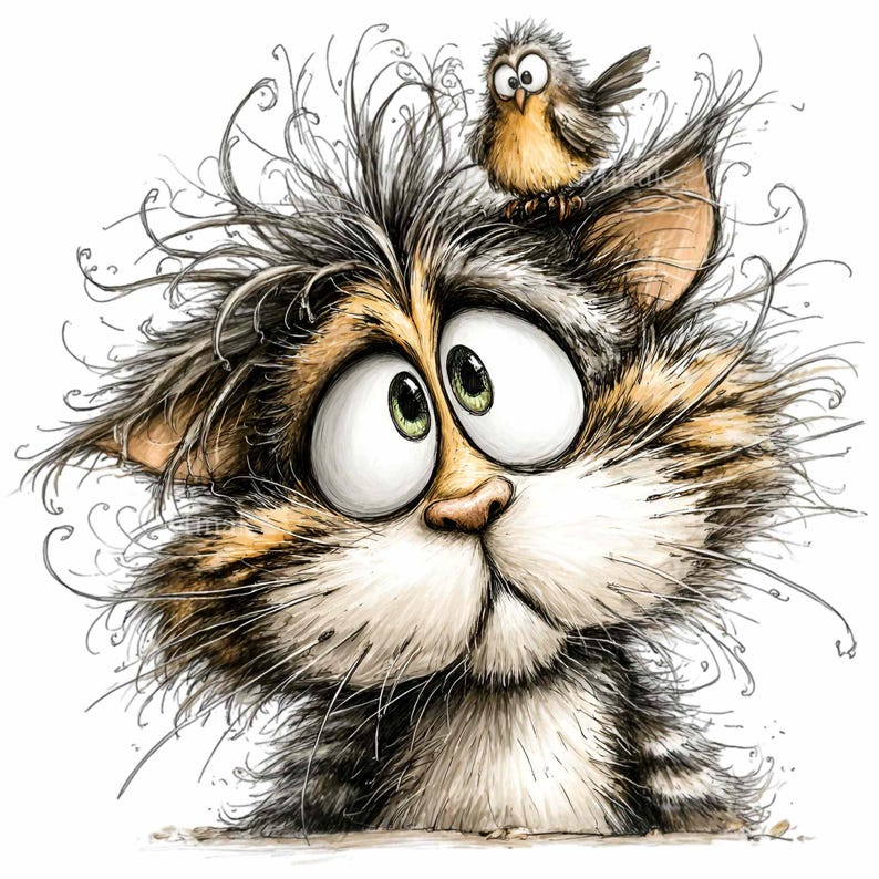 May include: A whimsical cartoon illustration of a cat with wide, expressive eyes and a small bird perched on its head. The cat has a fluffy, multi-colored coat with shades of brown, gray, and white. The bird is yellow and brown with large eyes.