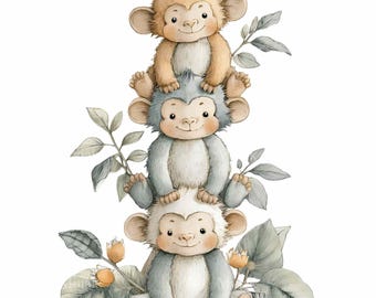 16 Stacked Monkey PNG, Safari Nursery Animal Art Clipart Digital Sublimation