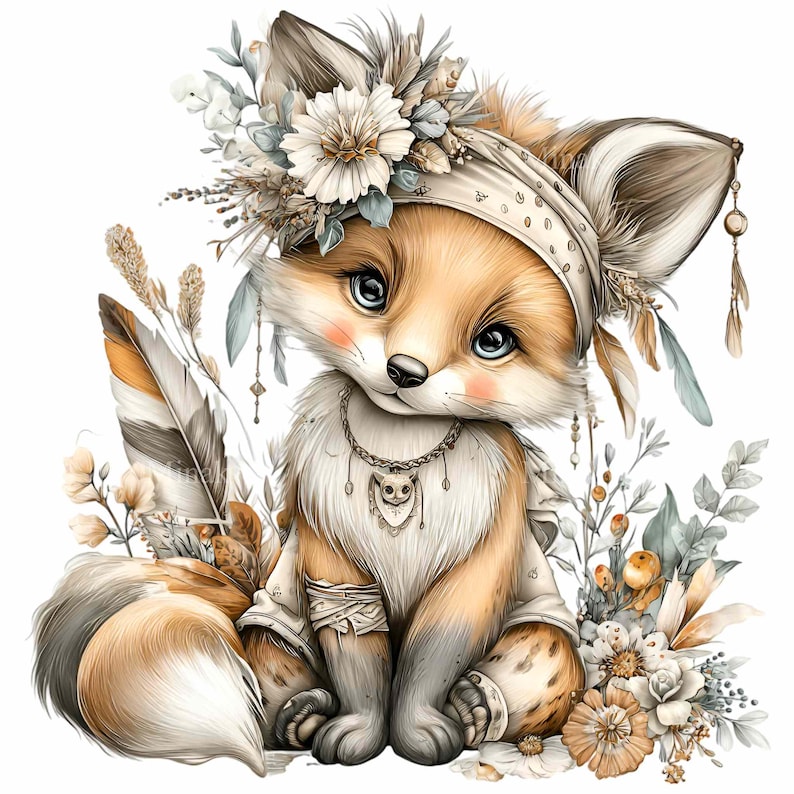 May include: A whimsical illustration of a fox cub with a bohemian aesthetic. The fox has a brown and white coat, blue eyes, and rosy cheeks. It wears a floral headband, a necklace, and a white shirt. Feathers and flowers surround the fox, creating a soft, dreamy feel.