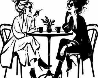 8 Cafe Women Svg, Coffee Drinkers Clipart Tea Graphic Art