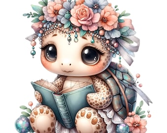 12 Floral Turtle Reading Book Png, Baby Tortoise Flower Crown Glasses Clipart