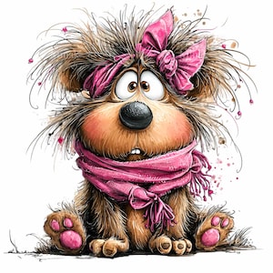 May include: A cartoon illustration of a brown, furry creature with large eyes and a surprised expression. It wears a pink scarf and a pink bow in its messy hair. The creature has pink paws and a black nose.