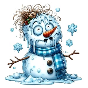 12 Bonhomme de neige fondant PNG - Images clipart hivernales amusantes avec écharpe et pommes de pin - Art des fêtes pour cartes de Noël et travaux manuels