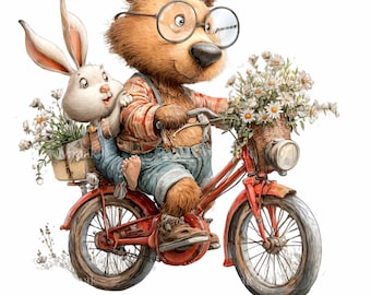 16 PNG Bär und Kaninchen auf Fahrrad, Waldtier Fahrrad Clipart