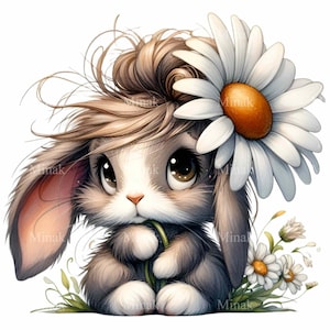 Bunny PNG Clipart con margherita, pelliccia soffice, occhi grandi, 10 PNG perfetti per decorazioni primaverili, artigianato e inviti