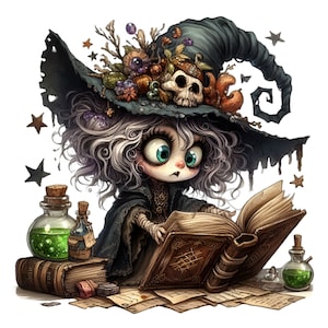 Linda bruja 15 PNG divertidos niños Halloween ilustración clipart, sublimación imprimible DIY tarjeta haciendo