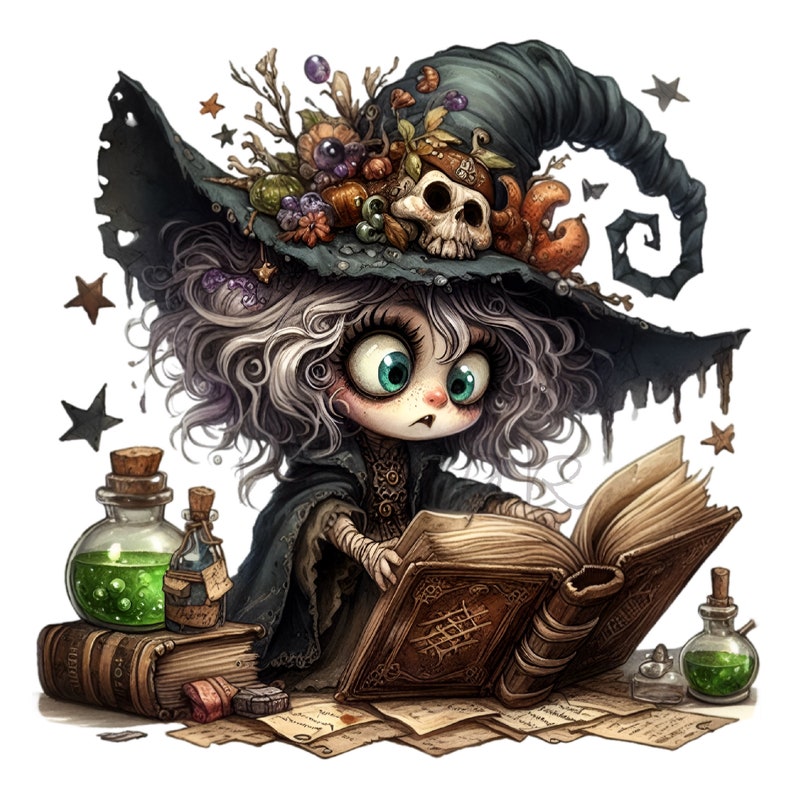 May include: A whimsical illustration of a young witch with a large, green hat adorned with autumnal decorations, reading a large, open book. She is surrounded by potion bottles, books, and other magical items.