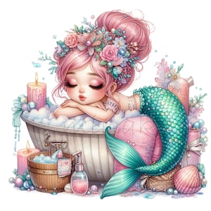 Sirène Clip Art, Clipart Spa, 15 PNG aquarelle bain détente Clip Art, décoration de chambre d'enfant fête imprimable, couleurs pastel bricolage fabrication de cartes