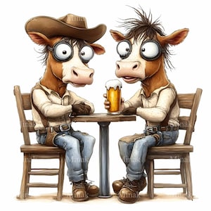 15 PNG Cowboys cow drinking beer clipart – Funny western cows PNG digital download – Farm animal illustration for shirts, mugs, wall art