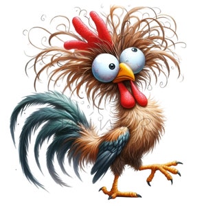 Grappige smerige haan clipart png-10 komische cartoon kip met wilde veren en grote ogen-humoristische landbouwhuisdieren digitale download