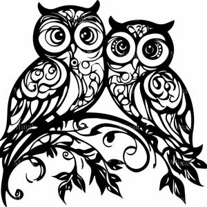 Paire de chouettes fleuries SVG 4 SVG, oiseaux décoratifs couper fichier, clipart faune complexe, élégante silhouette de forêt pour Cricut & Laser