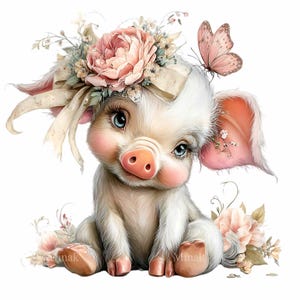 May include: A charming illustration of a baby pig with a floral crown and a butterfly. The piglet has a pink nose, rosy cheeks, and blue eyes. Soft pink flowers and ribbons adorn the pig's head. A pink butterfly rests on its ear. The pig is surrounded by more pink flowers.