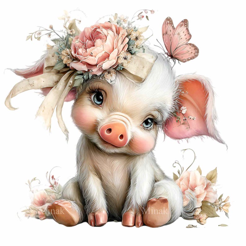 May include: A charming illustration of a baby pig with a floral crown and a butterfly. The piglet has a pink nose, rosy cheeks, and blue eyes. Soft pink flowers and ribbons adorn the pig's head. A pink butterfly rests on its ear. The pig is surrounded by more pink flowers.