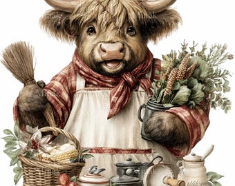 15 PNG Highland Kuh Chef Clipart - Rustikale Küche Back Illustration