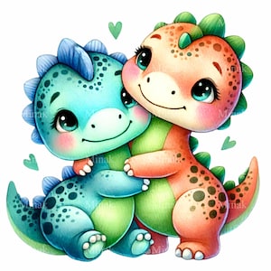 10 lindas parejas de dinosaurios abrazándose PNG Clipart, adorables dinosaurios azules y naranjas con corazones, ilustración caprichosa para manualidades