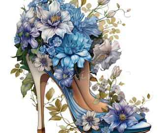 10 imágenes PNG de tacones altos florales, elegante ilustración de zapatos con flores, diseño botánico de moda, descarga digital