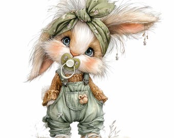 16 Baby Bunny Pacifier PNG, Green Overalls Art Rabbit Nursery Sublimation Clipart