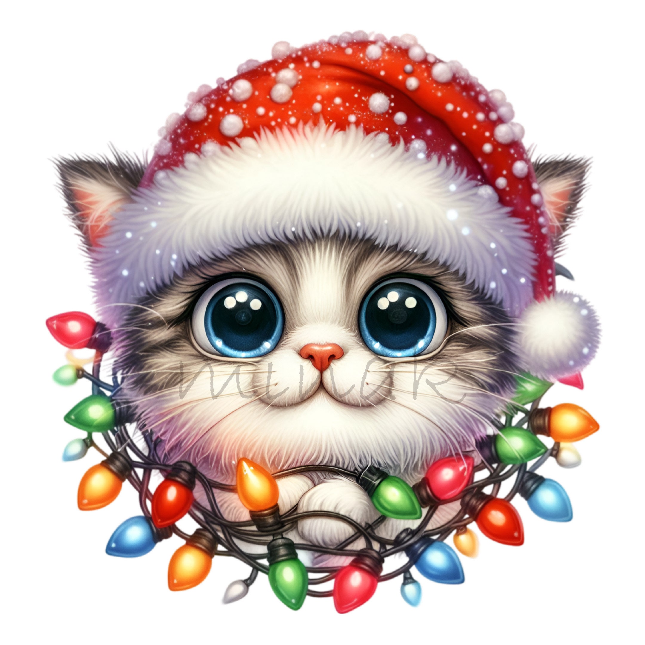 10 PNG Cute Christmas Kitten Clipart, Santa Hat Cat With Lights, Red ...