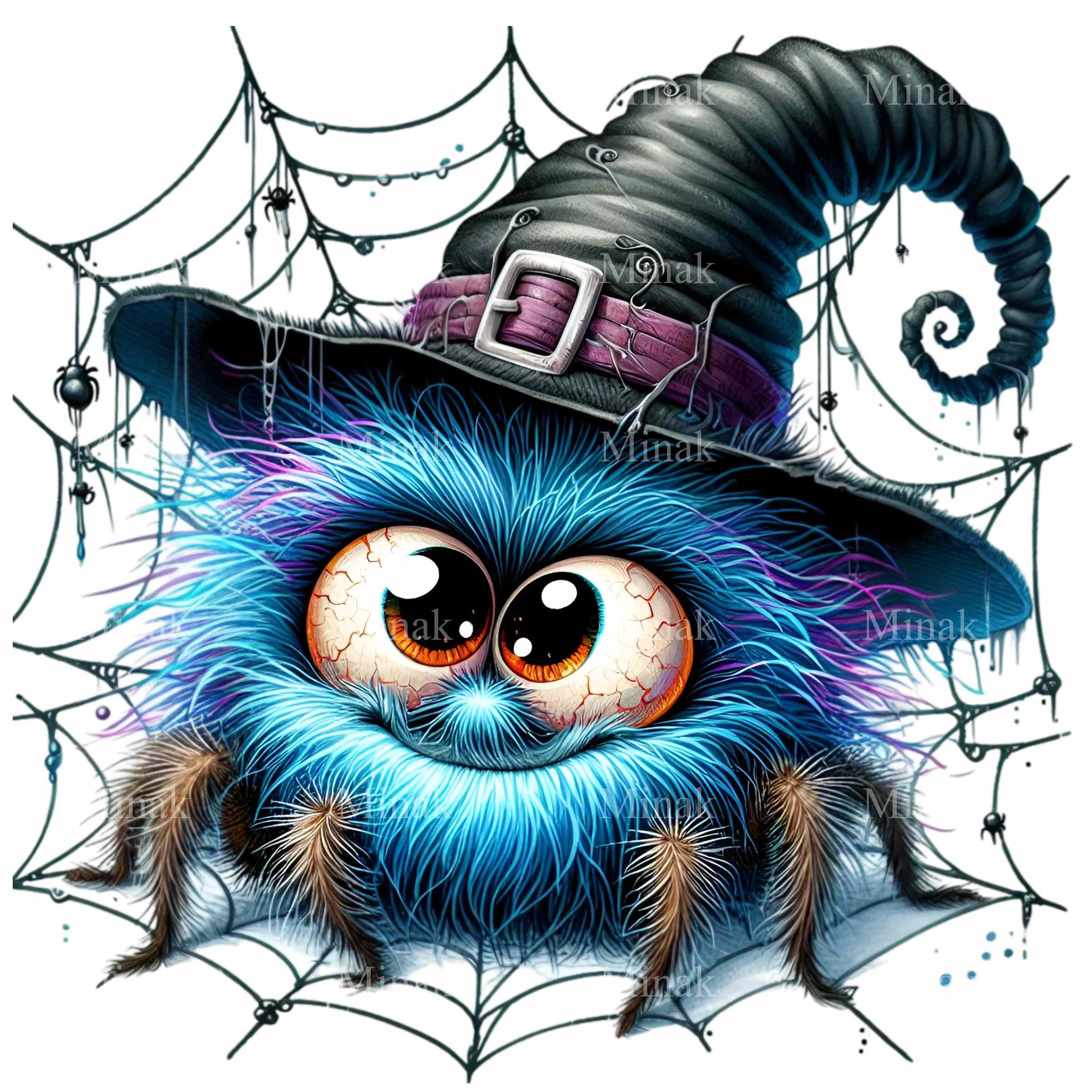 15 Witch Spider PNG Clipart - Cute Furry Blue Spider with Wizard Hat & Webs - Halloween Digital Download