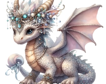 Può includere: Un piccolo drago bianco con ali rosa e una corona di perle e oro. Il drago ha una coda blu chiaro con un fiocco e indossa una collana di perle.