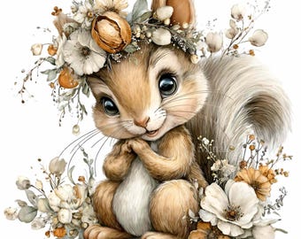 15 Walnusskronen-Eichhörnchen (PNG), Herbstlicher Blumenkranz, Sublimation, Wald-Babykunst