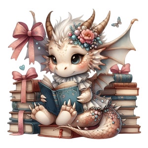 K&ouml;nnte beinhalten: Ein kleiner, wei&szlig;er Drache mit rosa und blauen Akzenten sitzt auf einem Stapel B&uuml;cher. Der Drache tr&auml;gt ein wei&szlig;es Kleid mit einem Spitzenkragen und einer Blumenkrone. Der Drache h&auml;lt ein blaues Buch in seinen Pfoten und hat seine Fl&uuml;gel hinter sich ausgebreitet.