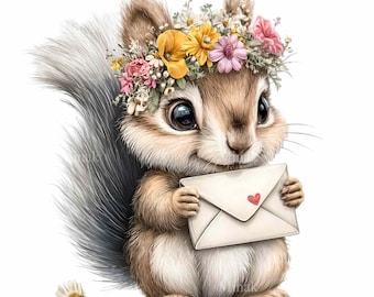 12 PNG Eichhörnchen Clipart, Blumen Tier Illustration Liebesbrief Printable Sublimation Kinderzimmer