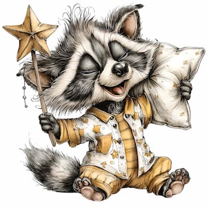 Puede incluir: Una ilustración caprichosa de un mapache en pijama, sosteniendo una varita en forma de estrella y una almohada. El mapache sonríe con los ojos cerrados. El pijama es amarillo con patrones de estrellas. La almohada es blanca con patrones de estrellas.