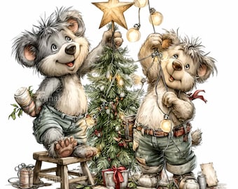 18 lustige Bären schmücken den Weihnachtsbaum (PNG), Lichterketten-Sternen-Clipart