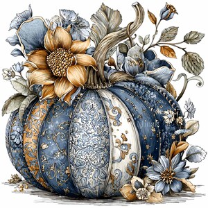 Puede incluir: Una calabaza decorativa con un patr&oacute;n floral azul y blanco, acentuada con elementos florales dorados y marrones. La calabaza est&aacute; adornada con un gran girasol y varias otras flores y hojas, creando un dise&ntilde;o con tem&aacute;tica oto&ntilde;al.