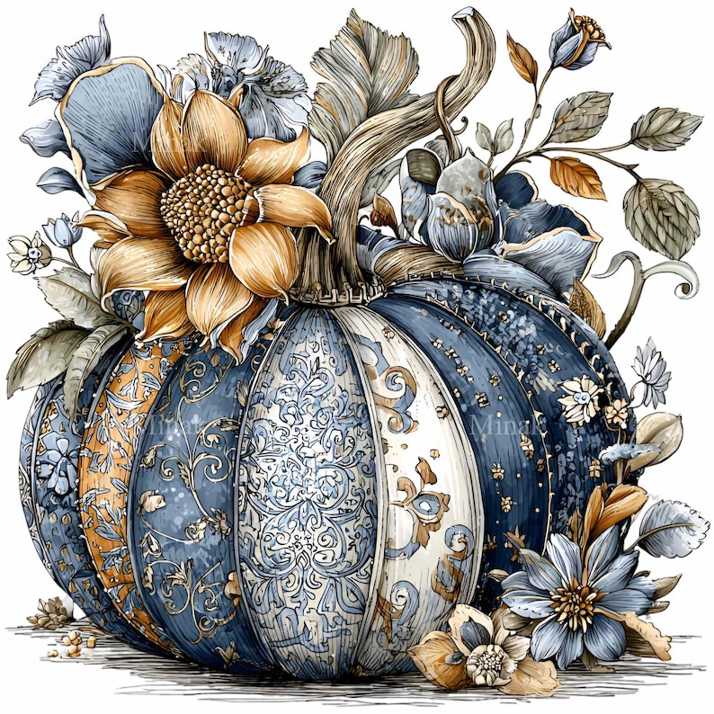 Puede incluir: Una calabaza decorativa con un patr&oacute;n floral azul y blanco, acentuada con elementos florales dorados y marrones. La calabaza est&aacute; adornada con un gran girasol y varias otras flores y hojas, creando un dise&ntilde;o con tem&aacute;tica oto&ntilde;al.