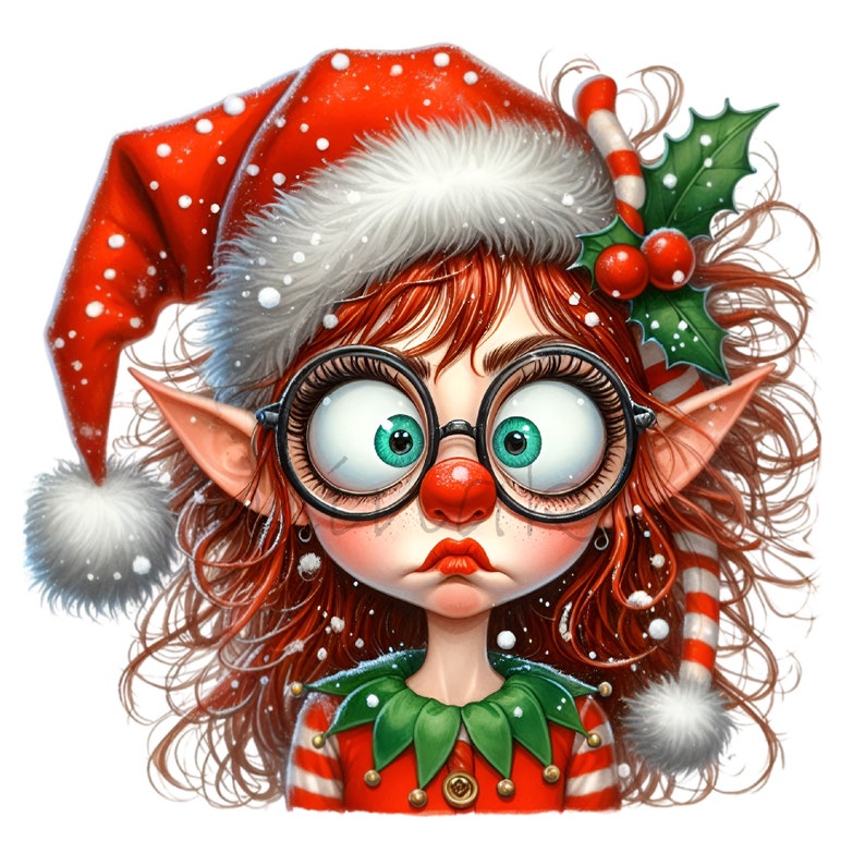 Puede incluir: Un elfo pelirrojo con un gorro de Pap&aacute; Noel rojo y blanco, una rama de acebo verde y un bast&oacute;n de caramelo rojo y blanco. El elfo lleva un traje de elfo rojo y verde y tiene una nariz roja y ojos grandes y redondos.