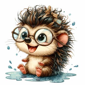 12 clipart PNG hérisson mignon, hérisson heureux de dessin animé avec de grands verres et des noeuds, assis dans l'eau, téléchargement numérique animal