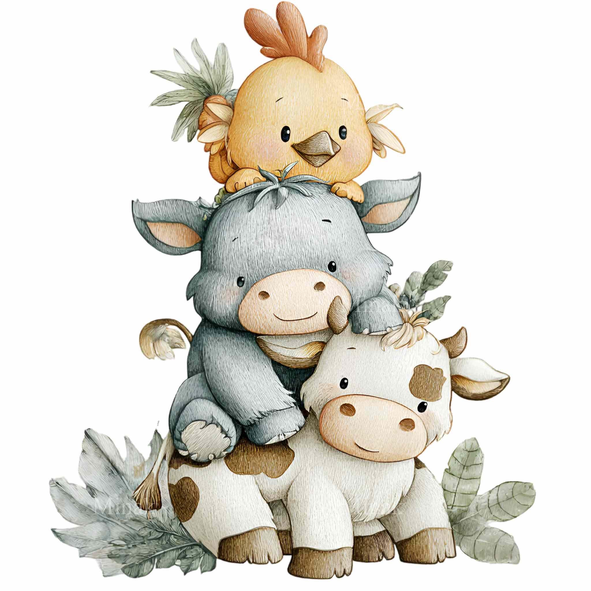 16 PNG Watercolor Farm Animal Clipart – Cow Donkey Chicken Illustration ...