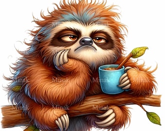 12 PNG Grumpy Sloth Clipart Coffee Mug Tired Animal Graphic