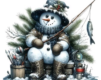 15 PNG Winter Angeln Schneemann, Weihnachtsfischer Clipart