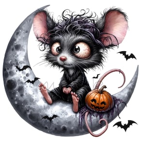 15 PNG de ratón de Halloween: Rata espeluznante y adorable en la luna con calabaza y murciélagos. Clipart de sublimación espeluznante para camisetas y decoración.