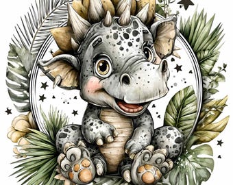 15 Baby-Dinosaurier-Tropenblätter-Kranz (PNG), Sternenrahmen-Aquarell-Clipart