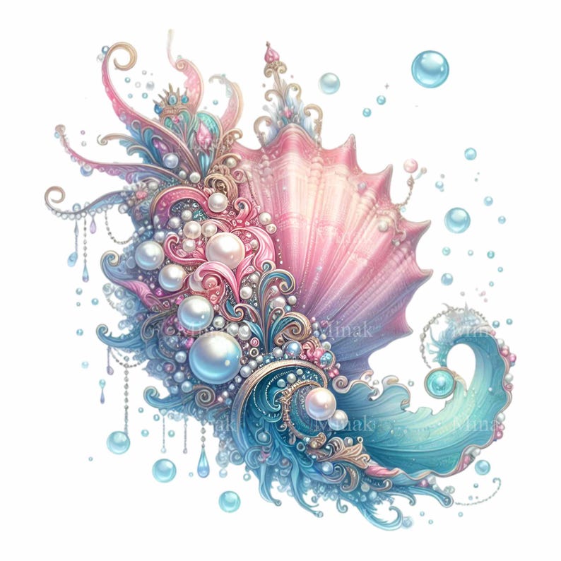 May include: A large, ornate seashell with a pink and white interior, decorated with pearls, gold accents, and blue and green swirls. The shell is surrounded by small, blue bubbles.