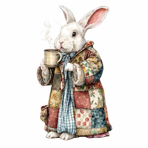 Könnte beinhalten: Aquarellillustration eines weißen Kaninchens mit einem Patchworkmantel und einer dampfenden Tasse. Das Kaninchen hat lange Ohren und trägt einen blau-weiß karierten Schal. Der Mantel besteht aus verschiedenen Stoffen mit Blumen- und geometrischen Mustern.