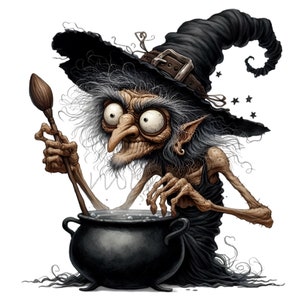 12 griezelige heks PNG-clipart, griezelige Halloween Hag met ketel, boze tovenares digitale kunst voor sublimatie en ambachten