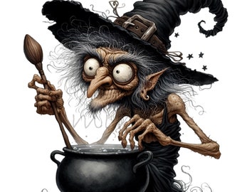 12 PNG Grumpy Witch Clipart, Halloween Cauldron Spooky Fantasy Gothic