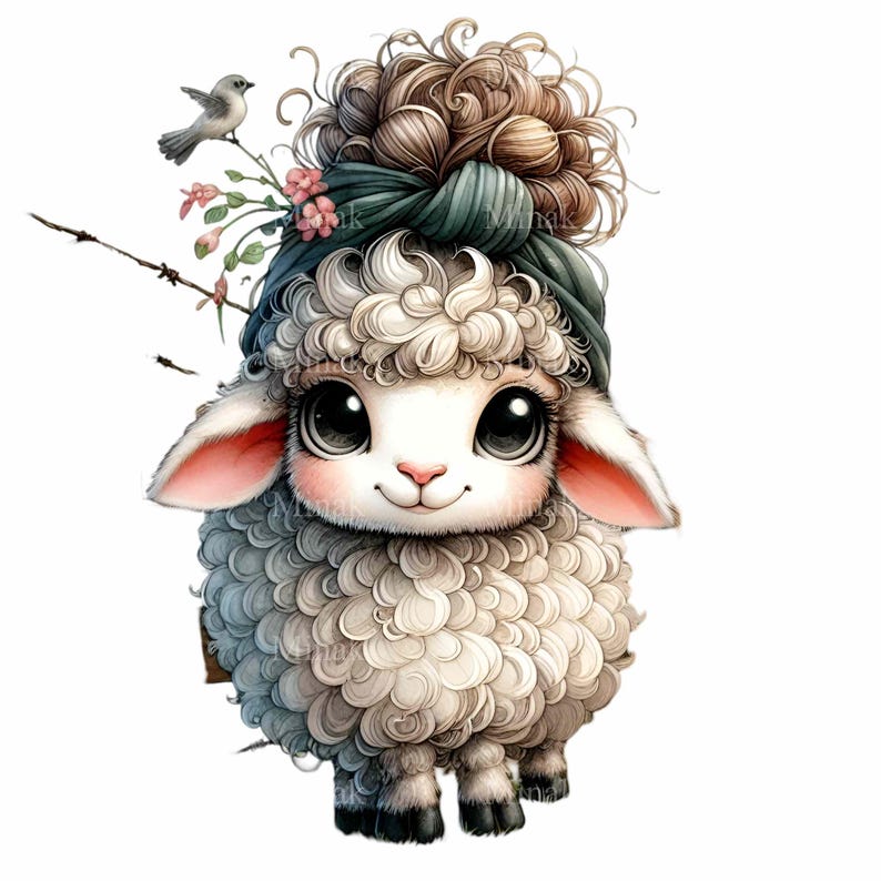 May include: A cute white sheep with brown curly hair, wearing a green and blue headband with pink flowers. The sheep has large, dark eyes and a sweet expression.