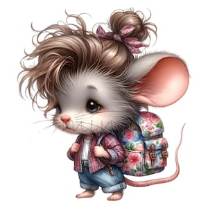 14 imágenes PNG de ratón, ilustración de personaje de mochila escolar, arte animal caprichoso, descarga digital