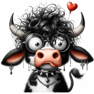 Könnte beinhalten: Eine Cartoon-Illustration einer schwarz-weißen Kuh mit Punk-Rock-Ästhetik. Die Kuh hat schwarzes, lockiges Haar, runde Brillen, ein Nietenhalsband und einen herzförmigen Ballon.