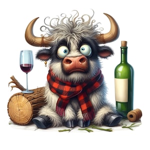 12 PNG divertenti clipart di mucca delle Highlands - Illustrazione PNG di bufalo - Arte umoristica di fattoria per gli amanti del vino, cucina rustica, stampe stravaganti