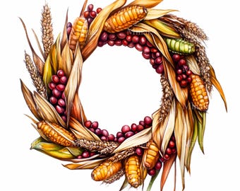 12 PNG Harvest Wreath Thanksgiving Corn Wheat Clipart, Autumn
