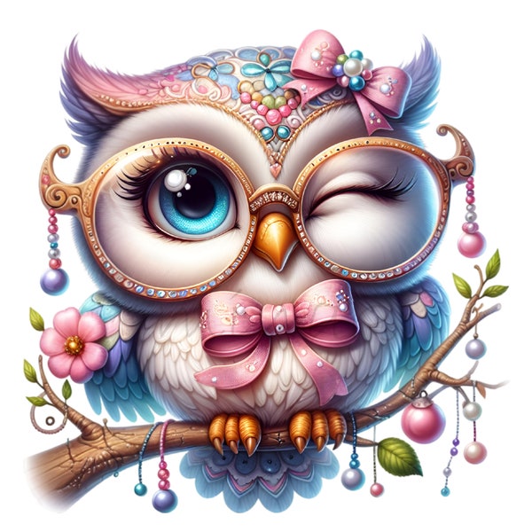 Hibou mignon Clip Art, bébé oiseau, 10 PNG lunettes pour fille, conception de chemise pour enfants, fabrication de cartes de fête, sublimation, étiquette cadeau, journal indésirable