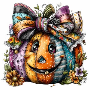 May include: A whimsical, patchwork pumpkin with a large, colorful bow. The pumpkin is orange with white polka dots and a smiling face. It is surrounded by flowers and leaves, perfect for fall decor.